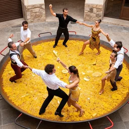 six people dancing on a big paella valenciana