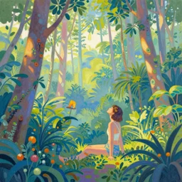 surreal glimpse, malaysia jungle, summer morning, very coherent and colorful high contrast pastel art by gediminas pranckevicius alphonse mucha james gilleard james gurney floralpunk screen printing woodblock, dark shadows, hard lighting, stippling dots, art nouveau