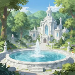 A hot spring in a beautiful elven city made of white marble, anime, lush trees, fountain, a fantasy digital painting by Greg Rutkowski and James Gurney, trending on Artstation, highly detailed