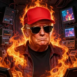 character art by ruan jia, donald trump wearing wayfarer glasses and red baseball hat at a music concert, on fire, fire powers, room filled with wiring electronics with monitors