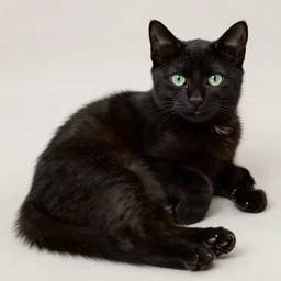 black kitten with! beautiful green eyes! laying on it ‘ s back showing it ‘ s fluffy belly while looking at the camera, photorealistic, anatomically correct, sharp focus, 4 k, beautiful,