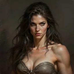 portrait of a barbarian woman, muscular, wild, upper body, D&D, fantasy, intricate, cinematic lighting, highly detailed, digital painting, artstation, concept art, smooth, sharp focus, illustration, art by Hajime Sorayama