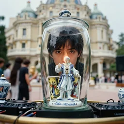cinestill 5 0 d, 8 k ; esoteric ultra realistic ran meets ronin ( 1 9 9 0 ) film still dj set negresco scene in frontiers in porcelain product photography june closeup 3 / 4 portrait edition, hyperrealistic real - life seinen manga film still burning dj pilot tarot card porcelain occult figurine in victorian glass jar, eye contact, tilt shift wide shot zaha hadid background