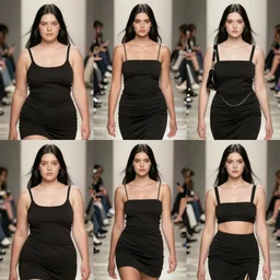 multi panel storyboard of olivia wearing different outfits, runway model at new york fashion week, fit curvy physique, black hair, freckles, pale skin, multiple angles, photo by greg rutkowski, stage lighting, soft colors, female beauty, intricate detail, elegance, 3 5 mm, depth of field, masterpiece