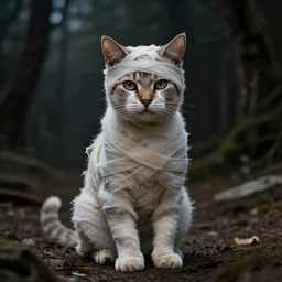 a cat in horror movie mummy wraps