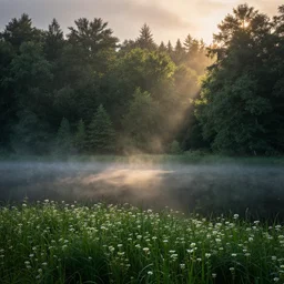 landscape photography, marc adamus, forest, lake, mist, august, little flowers dramatic lighting, sunrise
