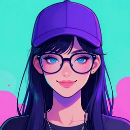 intricate illustration of an attractive young woman, wearing a flat brim baseball cap, dark hair, blue eyes, thick glasses, symmetrical, quizzical, smirking, vaporwave, blade runner style, neon lighting, teal, purple, pink