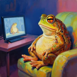 hyper realistic oil painting of toad watching pc movie and chill on the couch, vibrant colors, high contrast, by greg rutkowski, trending on artstation, cartoonist, caricaturist