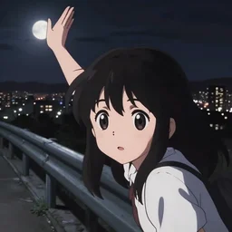 anime visual, dark portrait from a distance of a young girl sightseeing above the city at night from, guardrails, moon, cute face by yoshinari yoh, ilya kuvshinov, moody, dynamic perspective pose, detailed facial features, kyoani, rounded eyes, crisp and sharp, cel shade, lomography, dark tint