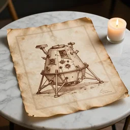 A aged parchment with the elegant wireframe design for the Apollo moon lander module in the style of Leonardo da Vinci, on a marble table, candlelight, sigma 85mm f/1.4, award winning photo