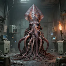 airbrush of brutalist medical, unsymmetrical, horror squid block, mollusk block, surrounding med equipment, abandoned, by v finlay, wayne d barlowe, stefano tamburini, torch light, muted colors, epic, hyper detailed, awe inspiring, award winning horror, hyper realism, cinematic