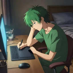 a detailed digital painting of a green - haired anime man sitting at a desk in his bedroom, tired, staring at the computer and drawing on a wacom tablet, in a hd screenshot in the anime film by makoto shinkai, dramatic lighting and composition, trending on artstation, concept art