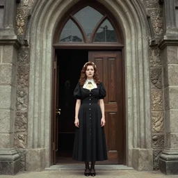 7 0 s film still from a horror movie about a beautiful woman standing at the entrance of a church, kodachrome, cinecolor, cinestill, film grain, film texture, retro, cinematic, high resolution, photorealism,