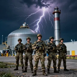 photograph of private military company operatives standing outside carbon capture facility, cinematic, realistic, detailed, intricate, dramatic, ambient lightning, by jordan grimmer, pop art style, 3 5 mm film grain,