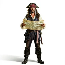 weathered pirate with treasure map, photorealistic portrait photography, full body, standing, isolated on a pure white background, centered, whole figure in frame, sharp focus, studio lighting