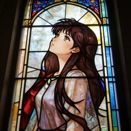 Rays of light pass through a stained glass window in the shape of an anime girl, looking up from the bottom