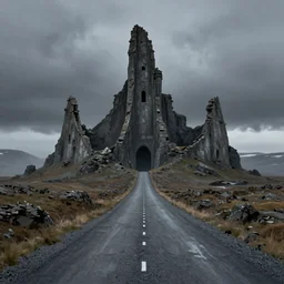 A digital painting of Iceland´s gravel road monumental, old ruins tower of a dark misty, by Simon Stålenhag, sci-fi of Iceland landscape, light and shadow, overlaid with aizome patterns, Shin-hanga by Thomas Kinkade and Bob Ross, traditional Japanese colors, superior quality, masterpiece, featured, trending, award winning, HDR, HD, UHD, 4K, 8K, anamorphic widescreen