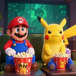mario and pikachu watching insidious, popcorn, photo
