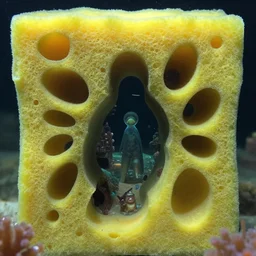 hyper liminal photo, sponge with many tunnels inside each hole, tunnels lead to different worlds, surreal, ominous creature hiding detailed, high definition, mysterious, low quality photo, surrealist depiction of a normal sponge, trending