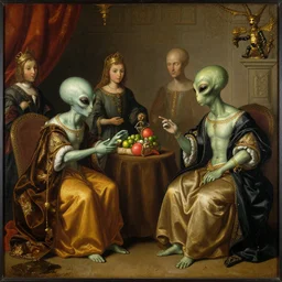 a painting from the early 1700s of aliens visiting the royal court, exchanging gifts