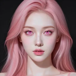 Beutifull girl , white skin, pink hair, magenta eyes pupill, simetryc face proportion , portait, wlop,