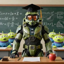 a comedy movie poster of Master Chief from Halo with a professor hat in front of a class of alien students, math equations on the blackboard in the background, an apple on his desk. Ultra HD 8k