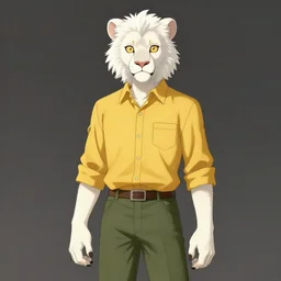 albino mountain lion yellow button - down shirt and olive - green slacks, fursona, anthro, young boy, anime key visual, detailed clothes, detailed white fur, makoto shinkai, portrait