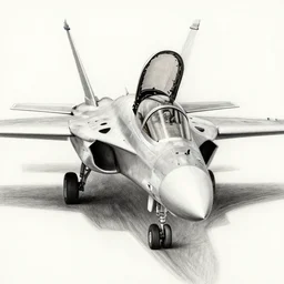 shaded pencil sketch of an f 1 6 fighter jet. view from the front. hood open, pilot inside