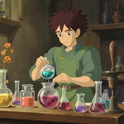 a wizard with brown hair is standing at his desk working with jars of liquids, beakers of bubbling potions, coherent, medium shot, waist up, studio ghibli, pixar and disney animation, sharp, rendered in unreal engine 5, anime key art by greg rutkowski, bloom, dramatic lighting