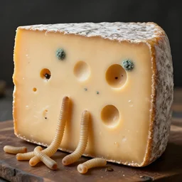 A realistic detailed photo of a disgusting cheese, worms in the cheese, mold parts, hidden insects, holes in the cheese, disgusting, light particles, detailed light, realistic shaders, trending on artisation, detailed textures, detailed, realistic