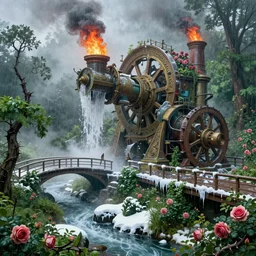 large mechanical device meticulously grinding down the truth and enslaving humanity, ornate, beautiful, atmosphere, vibe, mist, smoke, fire, chimney, rain, wet, pristine, puddles, melting, dripping, snow, creek, lush, ice, bridge, green, forest, roses, thorns, flowers, by stanley artgerm lau, greg rutkowski, thomas kindkade, alphonse mucha