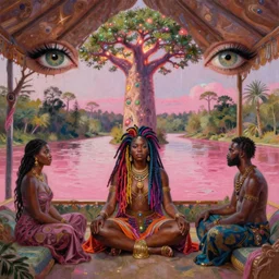 a regal bbw african queen with  colorful dreadlocks sitting in a cabana near a pink river with a large glowing baobab tree in the center, by amanda sage and alex grey and evgeni gordiets in a surreal psychedelic style, symmetrical, detailed eyes, oil on canvas 8k, hd