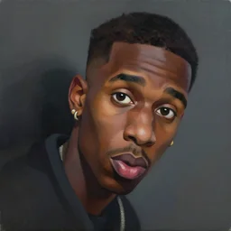 a painting of playboi carti by damon albarn, cel shaded, dynamic perspective, detailed facial features, rounded eyes, low light