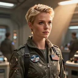 science fiction, awkward flustered brilliant stoic heroic blonde butch tomboy woman engineer with very short slicked - back blonde hair, ripped flight suit, on the set of john carter, smooth, extremely detailed, cinematic lighting, illustration, digital art, crepuscular ray, trending on artstation, art by greg rutkowski, golden ratio