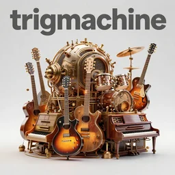 album cover, album is called tripmachine, a huge futuristic steampunk machine, made of guitars and drums and pianos, glowing monitors, connected with glowing tubes 8 k, fluorescent colors, halluzinogenic, multicolored, exaggerated detailed, front shot, 3 d render, octane