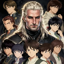portrait of geralt of rivia, the witcher by atay ghailan & akira toriyama & ken sugimori & takeshi obata & hiromu arakawa & masashi kishimoto & yusuke murata & hayao miyazaki & masashi ando,
