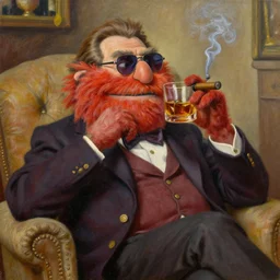 still from tv show, retired barney, sitting in a lounge, sipping whiskey and smoking a cigar, oil on canvas, intricate, portrait, 8 k highly professionally detailed, hdr, cgsociety