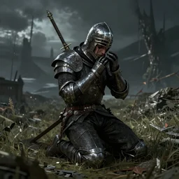 Forlorn knight crying on his knees on a battlefield, hd, intricate, Greg Rutkowski, Elden Ring, 8k, digital art