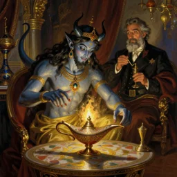 The Persian Genie Destroys his Magic Lamp in an Opulent Turkish Salon, art by Paul Cadmus and Osman Hamdy Bey and Jean-Léon Gérôme