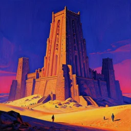 the last tower in an ancient desert looms over the small people who dwell outside of it's shaded walls. an image of the future ever receding from the clutches of greed. vivid neon art deco romanticism landscape, epic composition. harsh linework. by dan mumford, by thomas cole