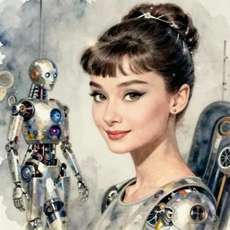 korean audrey hepburn automata, intricate watercolor vintage solarpunk portrait by tim doyle