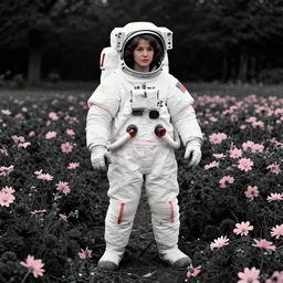 a vintage photograph of a female astronaut standing on a bed of black and pink flowers, photorealistic, + muted colors