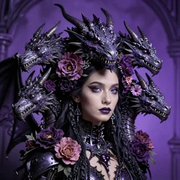 hyperrealistic hyper detailed neo-surreal 35mm portrait of gothic cyborg dragon with multiple heads covered in flowers matte painting concept art hannah yata dali very dramatic purple lighting low angle hd 8k sharp shallow depth of field