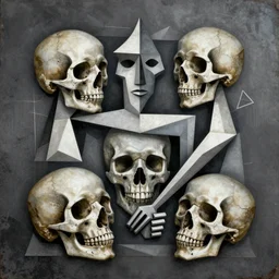metal album cover design illustrating cubism about skulls and death