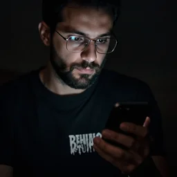 a dark scene of a man with a short beard and glass looking at a smartphone, paperback horror book cover style