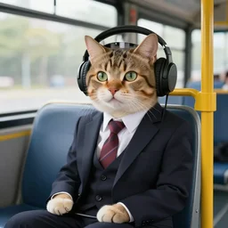 a cat in a suit waiting for the bus with headphones on, digital art