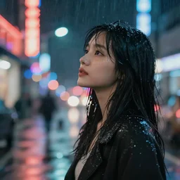 award winning photo of a pretty young woman gazing into the distance longingly, she is in the rain at night surrounded by neon lights, bokeh, 5 0 mm, f 1. 8