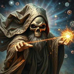 wizard with the face of death wearing flowing metallic robes conjuring the universe, skull face, full body, galaxies, nebulas, highly detailed face, detailed eyes, ultra dramatic lighting, bright radial arcs of light, radiant stars, intricate, hyper detailed, masterpiece, beautiful painting by ruan jia, artgerm, alphonse mucha, frank frazetta
