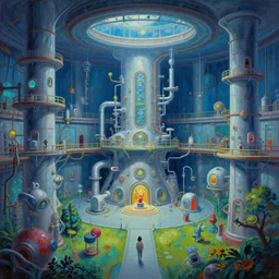 Colorful, creepy landscape painting of detailed interior of giant scientific research facility LABO, area 3, inner ring, floor B2, anime key visual by Craig Mullins