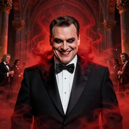 hyper realistic upper body portrait of satanic viktor orban depicted as the antichrist in tuxedo, evil smile, red mist in hell, monastery interior, gorgeous lighting by kim jung giu weta studio, mucha, bautista and norman rockwell and greg rutkowski and tom bagshaw and james gurney and lucasfilm